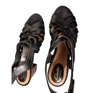 Clarks Artisan Womens Black Leather Strappy Block Heel Slingback Sandals Shoes